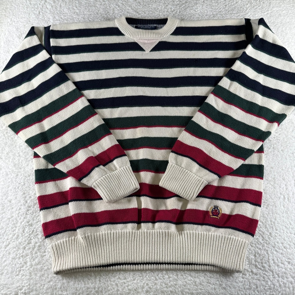 Y2K Tommy Hilfiger Men's Knit Sweater Striped Blue Red White XL‎ Logo Patch